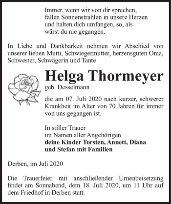 Traueranzeige von Helga Thormeyer (geb. Desselmann)  von Magdeburger Volksstimme
