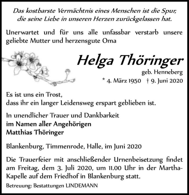 Traueranzeige für Helga Thöringer (geb. Henneberg)  vom 20.06.2020 aus Magdeburger Volksstimme