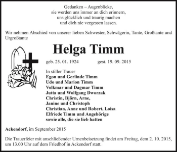 Traueranzeige von Helga Timm  von Magdeburger Volksstimme