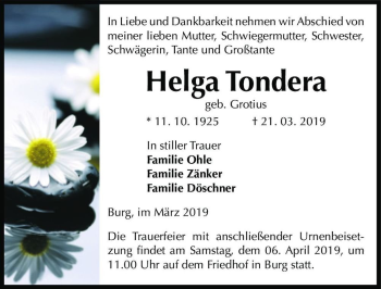 Traueranzeige von Helga Tondera (geb. Grotius)  von Magdeburger Volksstimme