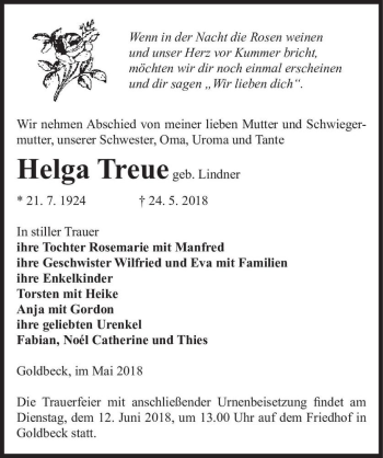 Traueranzeige von Helga Treue (geb. Lindner)  von Magdeburger Volksstimme