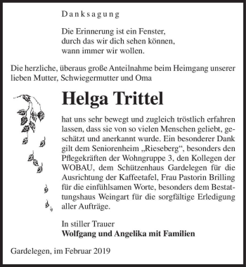 Traueranzeige von Helga Trittel  von Magdeburger Volksstimme