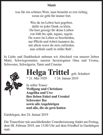 Traueranzeige von Helga Trittel (geb. Schubert)  von Magdeburger Volksstimme