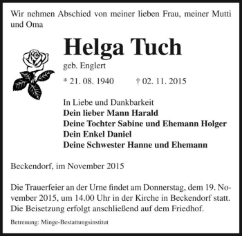 Traueranzeige von Helga Tuch (geb. Englert)  von Magdeburger Volksstimme