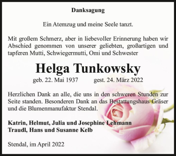 Traueranzeige von Helga Tunkowsky  von Magdeburger Volksstimme