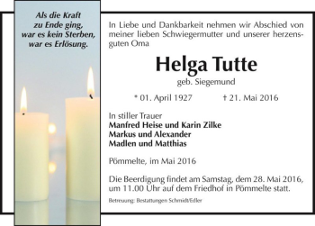 Traueranzeige von Helga Tutte (geb. Siegemund)  von Magdeburger Volksstimme