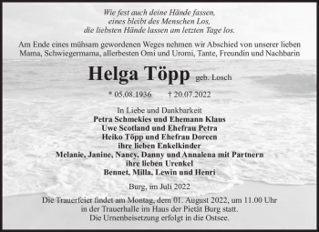 Traueranzeige von Helga Töpp (geb. Losch)  von Magdeburger Volksstimme