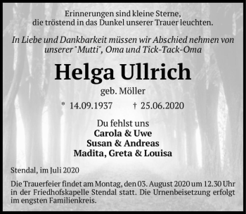 Traueranzeige von Helga Ullrich (geb. Möller)  von Magdeburger Volksstimme