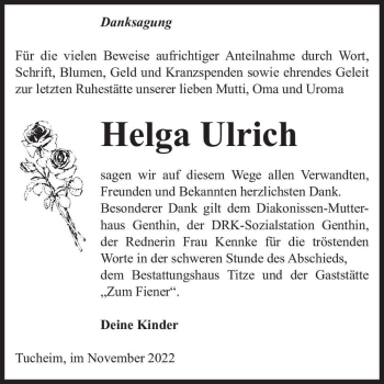 Traueranzeige von Helga Ulrich  von Magdeburger Volksstimme