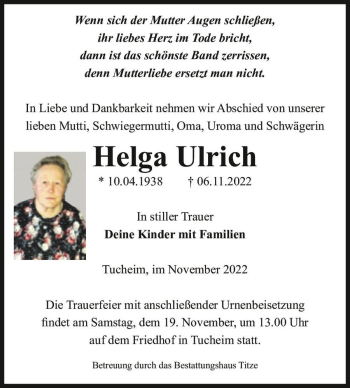 Traueranzeige von Helga Ulrich  von Magdeburger Volksstimme