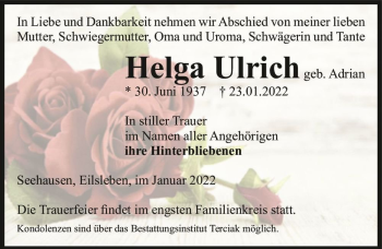 Traueranzeige von Helga Ulrich (geb. Adrian)  von Magdeburger Volksstimme