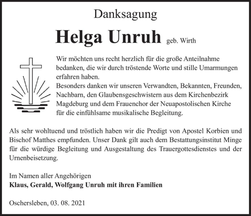  Traueranzeige für Helga Unruh (geb. Wirth)  vom 07.08.2021 aus Magdeburger Volksstimme