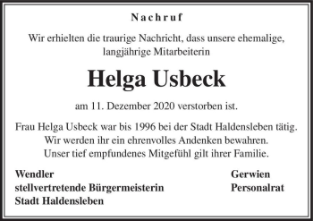 Traueranzeige von Helga Usbeck  von Magdeburger Volksstimme