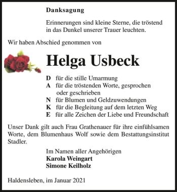 Traueranzeige von Helga Usbeck  von Magdeburger Volksstimme