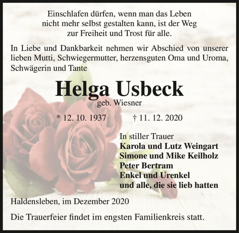  Traueranzeige für Helga Usbeck (geb. Wiesner)  vom 19.12.2020 aus Magdeburger Volksstimme
