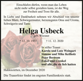 Traueranzeige von Helga Usbeck (geb. Wiesner)  von Magdeburger Volksstimme