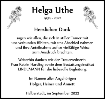 Traueranzeige von Helga Uthe  von Magdeburger Volksstimme