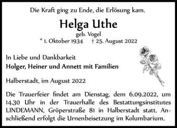 Traueranzeige von Helga Uthe (geb. Vogel)  von Magdeburger Volksstimme
