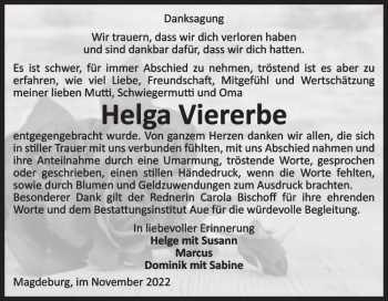 Traueranzeige von Helga Viererbe  von Magdeburger Volksstimme