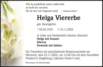 Traueranzeige von Helga Viererbe (geb. Baumgarten)  von Magdeburger Volksstimme