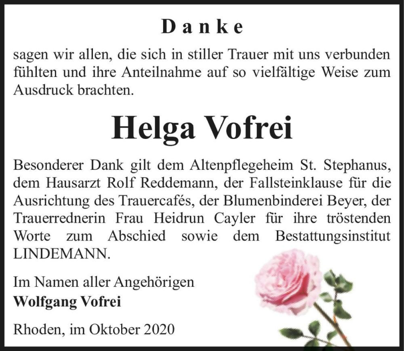  Traueranzeige für Helga Vofrei  vom 17.10.2020 aus Magdeburger Volksstimme