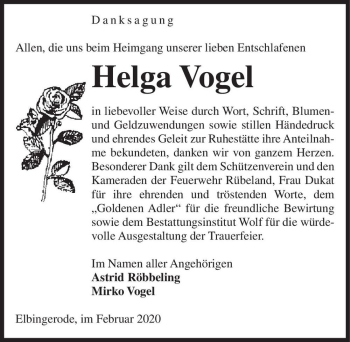 Traueranzeige von Helga Vogel  von Magdeburger Volksstimme