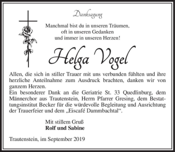 Traueranzeige von Helga Vogel  von Magdeburger Volksstimme