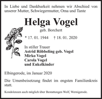 Traueranzeige von Helga Vogel (geb. Borchert)  von Magdeburger Volksstimme