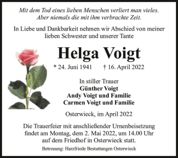 Traueranzeige von Helga Voigt  von Magdeburger Volksstimme