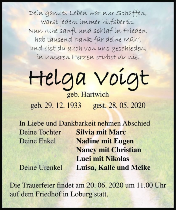 Traueranzeige von Helga Voigt (geb. Hartwich)  von Magdeburger Volksstimme