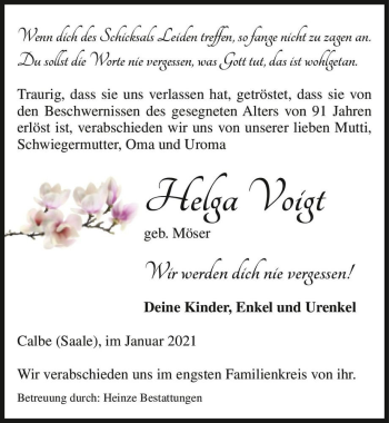 Traueranzeige von Helga Voigt (geb. Möser)  von Magdeburger Volksstimme