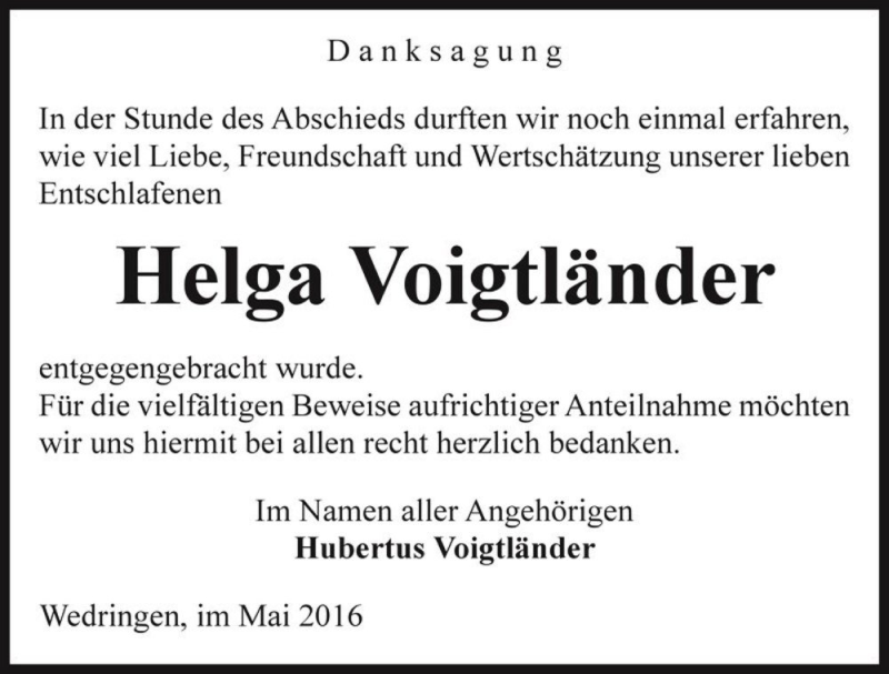  Traueranzeige für Helga Voigtländer  vom 13.05.2016 aus Magdeburger Volksstimme