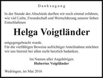 Traueranzeige von Helga Voigtländer  von Magdeburger Volksstimme