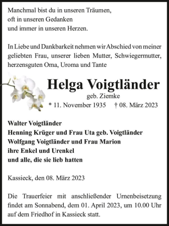 Traueranzeige von Helga Voigtländer (geb. Ziemke)  von Magdeburger Volksstimme