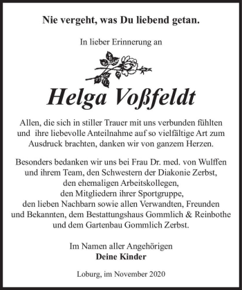 Traueranzeige von Helga Voßfeldt  von Magdeburger Volksstimme