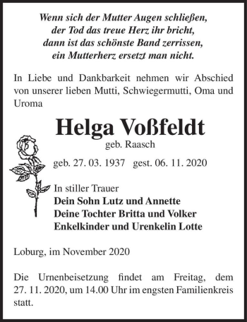 Traueranzeige von Helga Voßfeldt (geb. Raasch)  von Magdeburger Volksstimme