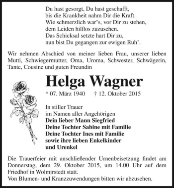 Traueranzeige von Helga Wagner  von Magdeburger Volksstimme