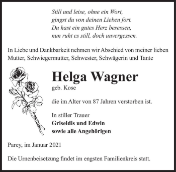 Traueranzeige von Helga Wagner (geb. Kose)  von Magdeburger Volksstimme