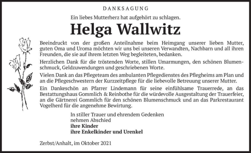  Traueranzeige für Helga Wallwitz  vom 30.10.2021 aus Magdeburger Volksstimme
