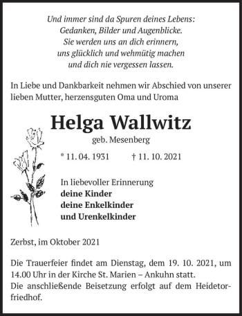Traueranzeige von Helga Wallwitz (geb. Mesenberg)  von Magdeburger Volksstimme