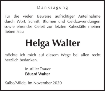 Traueranzeige von Helga Walter  von Magdeburger Volksstimme