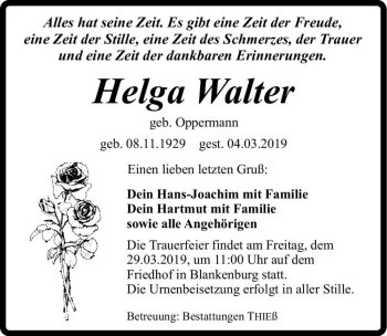 Traueranzeige von Helga Walter (geb. Oppermann)  von Magdeburger Volksstimme