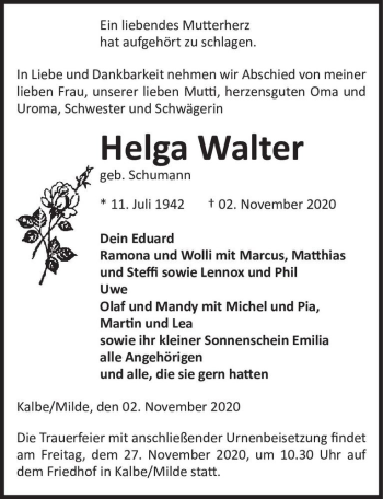 Traueranzeige von Helga Walter (geb. Schumann)  von Magdeburger Volksstimme