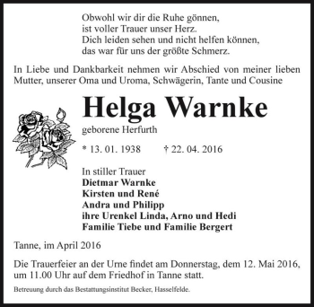 Traueranzeige von Helga Warnke (geb. Herfurth)  von Magdeburger Volksstimme