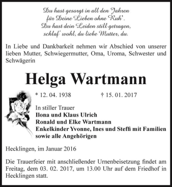 Traueranzeige von Helga Wartmann  von Magdeburger Volksstimme