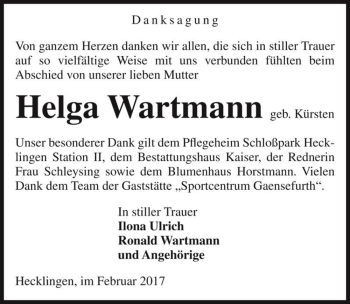 Traueranzeige von Helga Wartmann (geb. Kürsten)  von Magdeburger Volksstimme