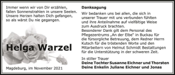 Traueranzeige von Helga Warzel  von Magdeburger Volksstimme