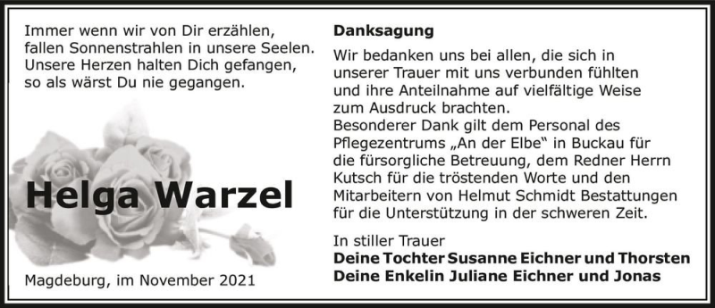  Traueranzeige für Helga Warzel  vom 06.11.2021 aus Magdeburger Volksstimme