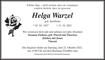Traueranzeige von Helga Warzel (geb. Spelthahn)  von Magdeburger Volksstimme