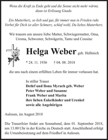 Traueranzeige von Helga Weber (geb. Hellmich)  von Magdeburger Volksstimme